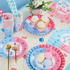 JOYYPOP Gender Reveal Party Supplies Serve 24, Boy or Girl Paper Plates Cups Napkins Tablecloth Banner for Baby Gender Reveal Party Decorations