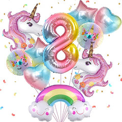 Unicorn Birthday Decorations for Girls, 10pcs Unicorn Balloons Set with Rainbow, Heart, Star and Number 8 Foil Balloons for 8th Birthday Party Decorations