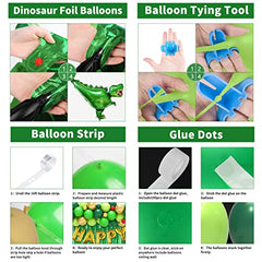 Dinosaur Birthday Party Decorations, 97Pcs Dinosaur Balloon Garland Arch Kit with Giant Dinosaur Foil Balloons and Green Foil Curtains for Dinosaur Dino Three Rex Birthday Party