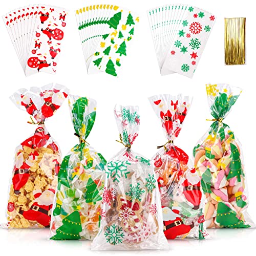 JOYYPOP Christmas Bags Christmas Cellophane Gift Bags Cookie Treat Bags With Twists for Christmas Party Supplies (150PACK,5x10inch)