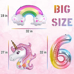 JOYYPOP Unicorn Birthday Decorations for Girls, 10pcs Unicorn Balloons Set with Rainbow, Heart, Star and Number 6 Foil Balloons for 6th Birthday Party Decorations