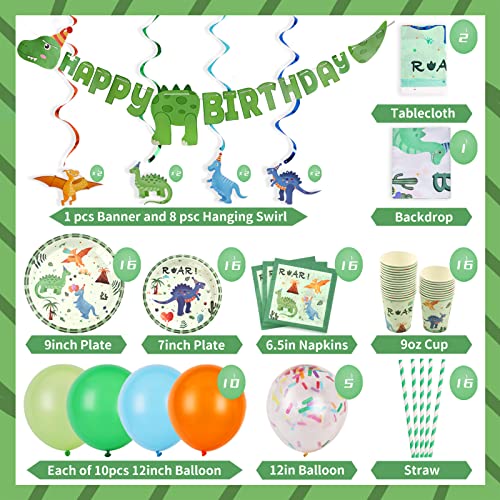 JOYYPOP Dinosaur Birthday Party Supplies Serves 16, 140 Pcs Dinosaur Party Decorations for Boys - Dinosaur Party Plates, Cups, Napkins and Hanging Swirls