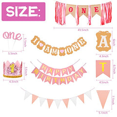 JOYYPOP 1st Birthday Girl Decoration 70Pcs First Birthday Decorations with Baby Crown, 12 Months Photo Banner,I AM ONE Banner, ONE Cake Topper, 1st Birthday Highchair Banner