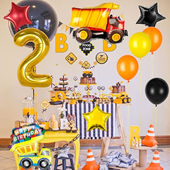 Construction Balloons for 2nd Birthday Decorations for Boys with Number 2 Dump Truck Foil Balloon and Black Yellow Orange Latex Balloons for Construction Birthday Party Supplies
