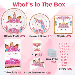 JOYYPOP Serve 25 Unicorn Party Supplies Including Unicorn Plates Tablecloth Napkins for Baby Girl Birthday Decorations