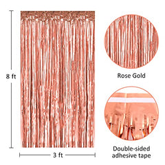 JOYYPOP Rose Gold Foil Fringe Curtain, Metallic Photo Booth Backdrop Tinsel Door Curtains for Wedding Birthday Bridal Shower Baby Shower Bachelorette Christmas Party Decorations(4 Pack, 8ft x 3ft)