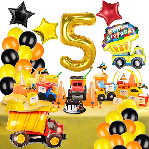 Construction Balloons for 5th Birthday Decorations for Boys with Number 5 Dump Truck Foil Balloon and Black Yellow Orange Latex Balloons for Construction Birthday Party Supplies