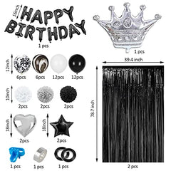 JOYYPOP Black Birthday Party Decorations with Black and White Balloons, Paper Pom Poms, Happy Birthday Balloons Banner, Silver Crown Balloon, Foil Fringe Curtains for Birthday Party Decorations