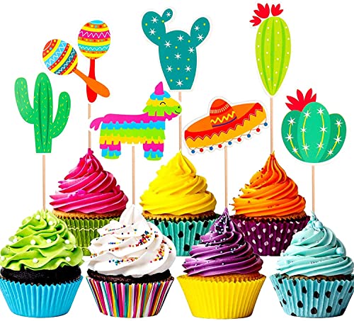 Fiesta Cupcake Toppers 28pcs Mexican Theme Cake Decorations, Taco Llama Sombrero Cactus for Summer Party Supplies