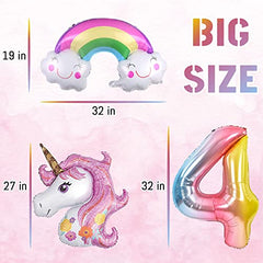 JOYYPOP Unicorn Birthday Decorations for Girls, 10pcs Unicorn Balloons Set with Rainbow, Heart, Star and Number 4 Foil Balloons for 4th Birthday Party Decorations