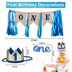 1st Birthday Boy Decorations - Baby Boy 1st birthday Party supplies blue decorations 67PCS with 1st Birthday Baby Crown, ONE Cake Topper, 1st Birthday Highchair Banner Decorations Happy Birthday Banner