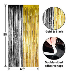 JOYYPOP 2023 Graduation New Years Eve Decorations Backdrop Gold and Black Foil Fringe Curtain, Metallic Photo Booth Tinsel Backdrop Door Curtains for Birthday Party Decoration(4 Pack, 8ft x 6ft)