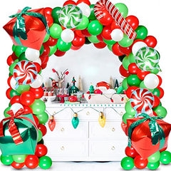 Christmas Balloon Garland 103PCS Red and Green Balloon Garland Kit with Christmas Red Green Candy Foil Balloons Gift Box for Christmas Party Decorations
