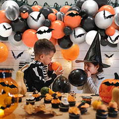 Halloween Balloon Garland, 109Pcs Halloween Balloon Arch Kit with Black Orange White Slivery Latex Balloons, 3D Bat Sticker for Halloween Party Decorations