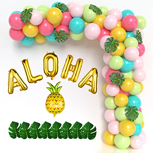 Aloha Balloons for Luau Party Decorations 107pcs Tropical Balloon Garland Kit with Aloha Pineapple Balloons and Tropical Leaves for Hawaii Theme Party