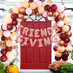105Pcs Thanksgiving Balloon Garland Kit with Friendsgiving Rose Gold Foil Letter Balloons Pink White Burgundy Red Latex Balloon for Baby Shower Fall Thanksgiving Decorations