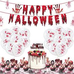 JOYYPOP Halloween Decorations 35 Pack, Halloween Party Decorations with Banner, Bloody Handprint Balloons, Cupcake Toppers, Cake Topper, Stickers, Tablecloth for Halloween Party Decorations