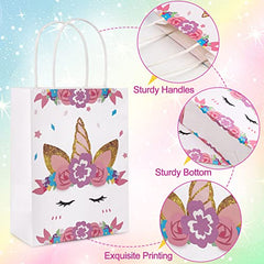 24Packs Unicorn Party Favor Bags, White Unicorn Gift Bags with Handles for Kids Birthday Party Supplies, Unicorn Party
