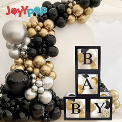 JOYYPOP Baby Boxes with Letters for Baby Shower, 4 Transparent Balloon Boxes with 16 Letters for Boys & Girls Birthday, Gender Reveal Decorations and Wedding Party(Black)