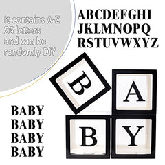 JOYYPOP Baby Boxes with 42pcs Letters(A-Z+Baby) for Baby Shower, Transparent Balloon Boxes Blocks for Gender Reveal, Bridal Shower, Birthday Party Decorations (Black)
