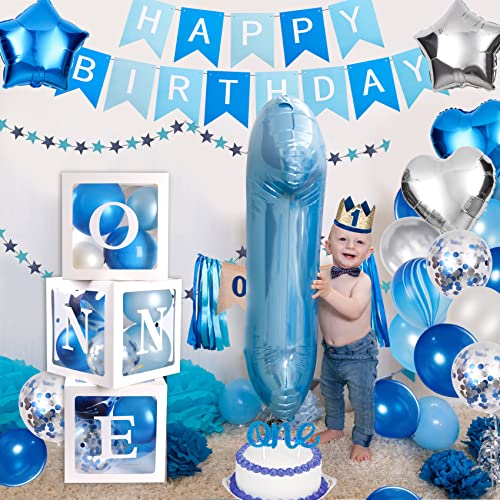 JOYYPOP 1st Birthday Decorations for Boys 78Pcs with First Birthday Balloon Boxes, First Birthday Decorations with Crown, Happy Birthday Banner, Highchair Banner for Baby 1st Birthday Party