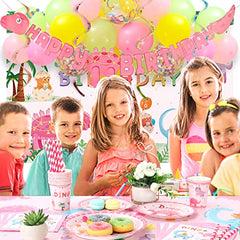 JOYYPOP Girl Dinosaur Birthday Party Supplies Serves 16, 140 Pcs Pink Dinosaur Party Decorations - Dinosaur Party Plates, Cups, Napkins and Hanging Swirls