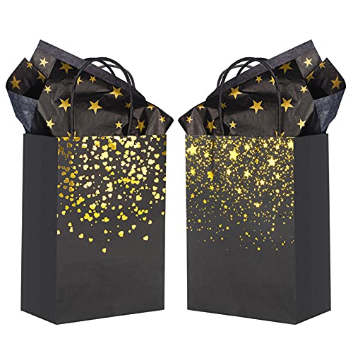 Small Black Gold Gift Bags 24pcs Party Paper Bags with Star Tissue Paper  for New Year, Birthday, Wedding, Bridal, Baby Shower, Black and Gold Party