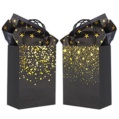 Small Black Gold Gift Bags 24pcs Party Paper Bags with Star Tissue Paper for New Year, Birthday, Wedding, Bridal, Baby Shower, Black and Gold Party Supplies (8.3 x 5.9 x 3.1inch)