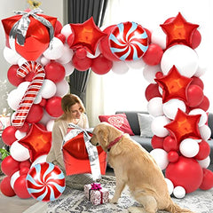Christmas Balloon Garland Red and White Balloon Garland Kit with Christmas Red Candy Foil Balloons Gift Box for Christmas Party Decorations (Christmas Red)