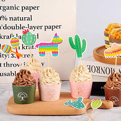Fiesta Cupcake Toppers 28pcs Mexican Theme Cake Decorations, Taco Llama Sombrero Cactus for Summer Party Supplies