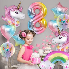 Unicorn Birthday Decorations for Girls, 10pcs Unicorn Balloons Set with Rainbow, Heart, Star and Number 8 Foil Balloons for 8th Birthday Party Decorations