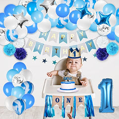 1st Birthday Boy Decorations - Baby Boy 1st birthday Party supplies blue decorations 67PCS with 1st Birthday Baby Crown, ONE Cake Topper, 1st Birthday Highchair Banner Decorations Happy Birthday Banner