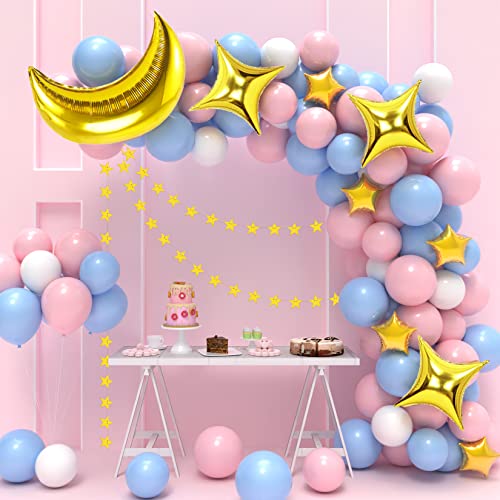 Moon and Star Balloons, 84PCS Pink Blue Balloon Garland Kit with Star Garlands for Twinkle Twinkle Little Star Gender Reveal Party Supplies Decorations