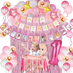 JOYYPOP Girl 1st Birthday Decorations 66PCS Pink 1st Birthday Decorations for Girls with 12 Months Photo Banner, 1st Birthday Baby Crown, Cake Topper, 1st Birthday Highchair Banner