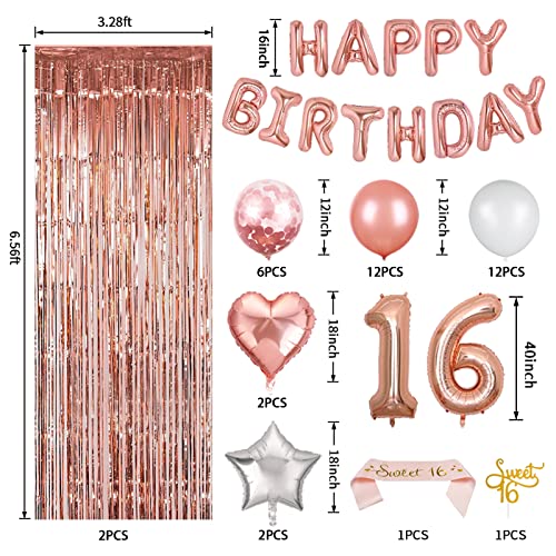 JOYYPOP Sweet 16 Birthday Decorations Rose Gold 16th Birthday Decorations for Girls Sweet 16 Party Supplies with 16 Balloon Numbers for Sweet 16 Birthday Party