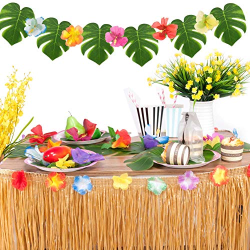 Luau Table Skirts for Hawaiian Party Decorations, Luau Party Supplies with 9ft Tropical Raffia Grass Table Skirt, Tiki Palm Leaves and Hibiscus Flowers (Gold)