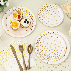 JOYYPOP White Gold Party Supplies Serves 25 Golden Dot Disposable Dinnerware 177 PCS Gold Party Supplies Including Paper Plates Napkins Cups Tablecloth Banner for Bridal Shower, Engagement, Wedding