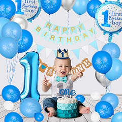JOYYPOP Boy 1st Birthday Decorations 61Pcs First Birthday Decorations with Baby Crown, I AM ONE Banner, ONE Cake Topper, 1st Birthday Highchair Banner, Happy Birthday Banner