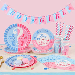 JOYYPOP Gender Reveal Party Supplies Serve 24, Boy or Girl Paper Plates Cups Napkins Tablecloth Banner for Baby Gender Reveal Party Decorations