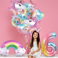 JOYYPOP Unicorn Birthday Decorations for Girls, 10pcs Unicorn Balloons Set with Rainbow, Heart, Star and Number 6 Foil Balloons for 6th Birthday Party Decorations