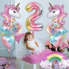JOYYPOP Unicorn Birthday Decorations for Girls, 10pcs Unicorn Balloons Set with Rainbow, Heart, Star and Number 2 Foil Balloons for 2nd Birthday Party Decorations
