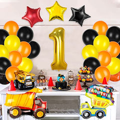 Construction Balloons for 1st Birthday Decorations for Boys with Number 1 Dump Truck Foil Balloon and Black Yellow Orange Latex Balloons for Construction Birthday Party Supplies