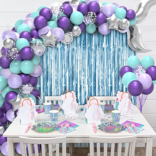 JOYYPOP Mermaid Balloon Garland Kit 121pcs with Mermaid Tail Foil Balloons, Light Blue Foil Fringe Curtain for Mermaid Ocean Theme Party Under The Sea Party Decorations(silver)