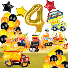 Construction Balloons for 4th Birthday Decorations for Boys with Number 4 Dump Truck Foil Balloon and Black Yellow Orange Latex Balloons for Construction Birthday Party Supplies