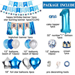 JOYYPOP 1st Birthday Decorations for Boys 78Pcs with First Birthday Balloon Boxes, First Birthday Decorations with Crown, Happy Birthday Banner, Highchair Banner for Baby 1st Birthday Party