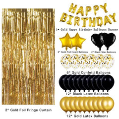 JOYYPOP Birthday Party Decorations Happy Birthday Balloons Banner with Black and Gold Balloons Set, Gold Foil Fringe Curtain for Men Women Boy Adults Birthday Party (Black and Gold）