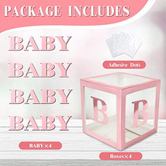 JOYYPOP Baby Boxes with Letters for Baby Shower, 4 Transparent Balloon Boxes with 16 Letters for Boys & Girls Birthday, Gender Reveal Decorations and Wedding Party(Pink)