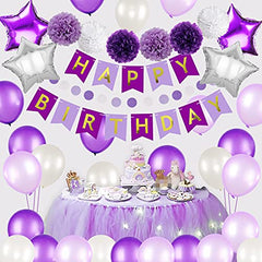 JOYYPOP Purple Birthday Decorations 54 Pcs Purple Party Decorations Set with Happy Birthday Banners Star Foil Balloons Purple Balloons Paper Pom Poms Hanging Swirls for Birthday Party