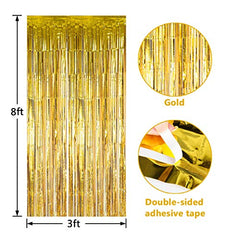 JOYYPOP Gold Foil Fringe Curtain, Metallic Photo Booth Backdrop Tinsel Door Curtains for Wedding Birthday Bridal Shower Baby Shower Bachelorette Christmas Party Decorations(4 Pack, 8ft x 3ft)
