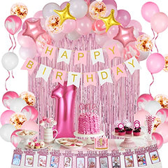 JOYYPOP Girl 1st Birthday Decorations 66PCS Pink 1st Birthday Decorations for Girls with 12 Months Photo Banner, 1st Birthday Baby Crown, Cake Topper, 1st Birthday Highchair Banner